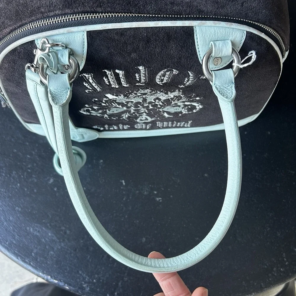 Rare Vintage Y2K Juicy Couture Dog Carrier Ice Blue Velour Blingy Bowling Bag Sm